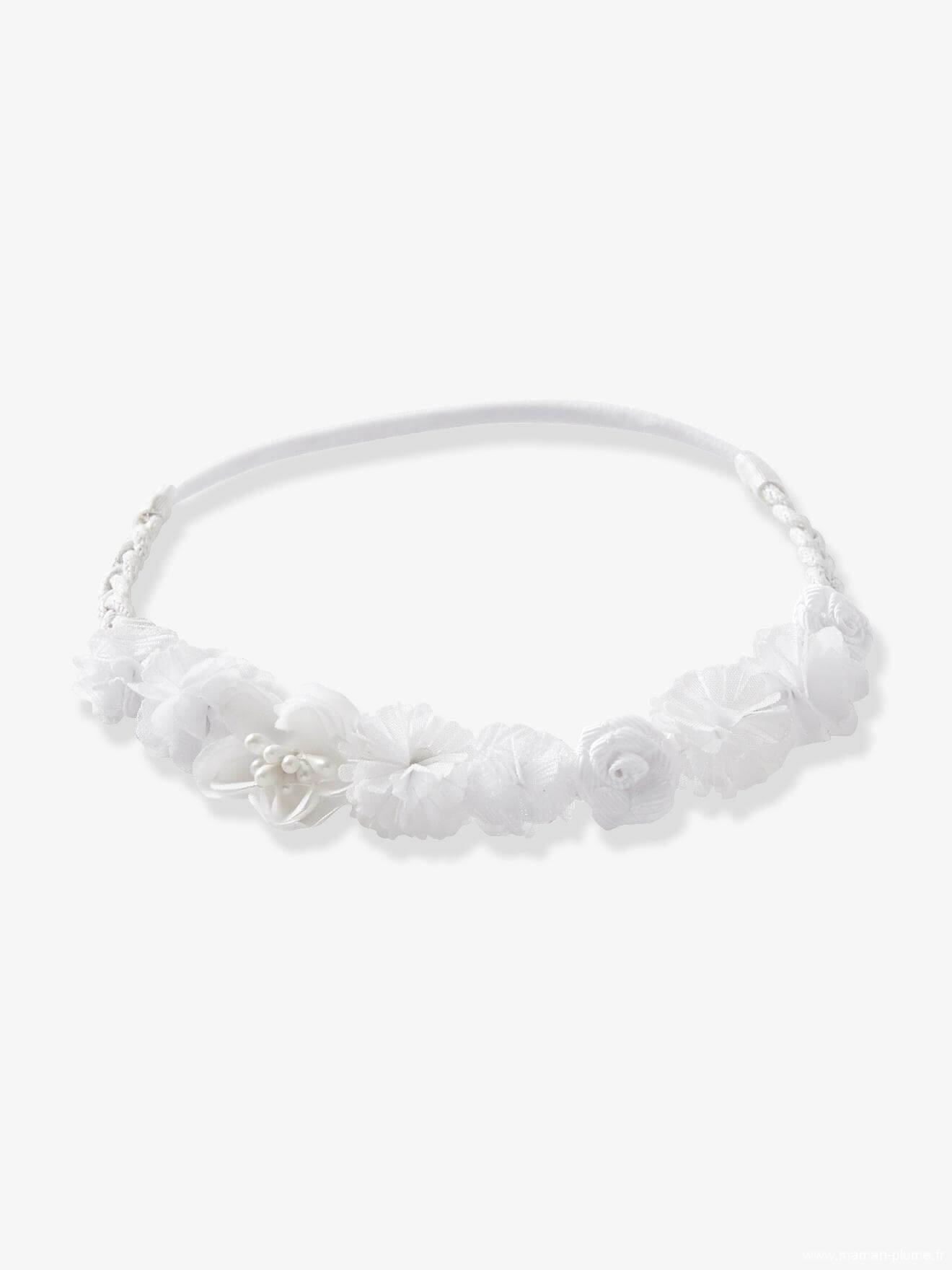 Headband tressé avec fleurs en tulle blanc - Vertbaudet